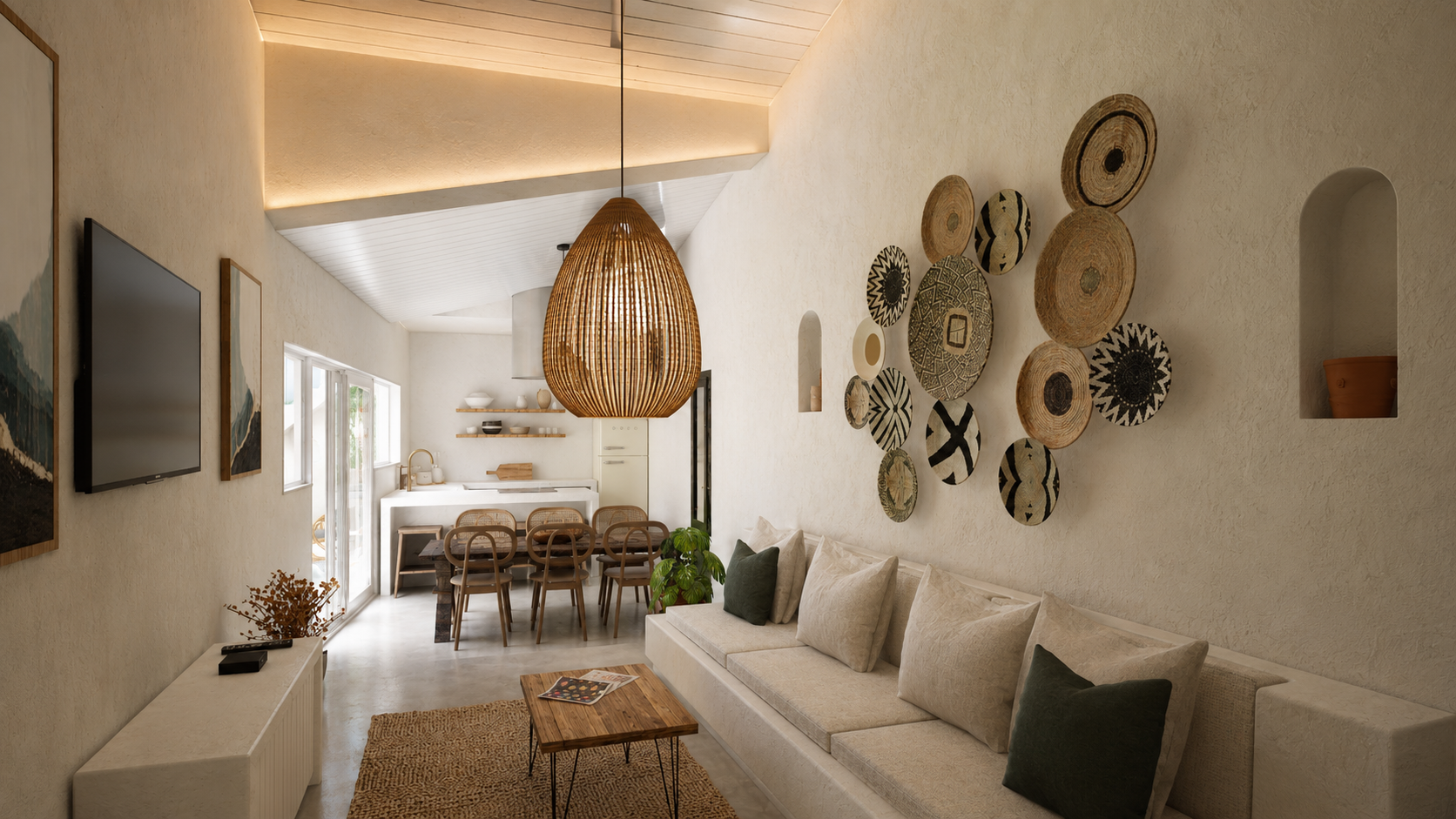 Sala de estar e jantar com pé-direito alto, banco corrido em estuque e coleção de pratos decorativos